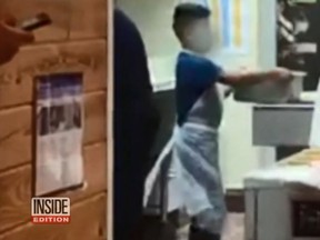 A screengrab of Inside Edition video of a young boy working at a Popeyes restaurant in Texas.