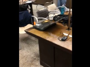 A screengrab from video posted to Reddit of the aftermath of a feces-tossing at York University's Scott Library.