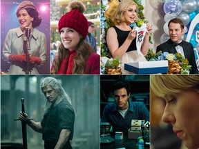 Clockwise from top left: The Marvelous Mrs. Maisel, Noelle, A Christmas Prince: The Royal Baby, Marriage Story, You, and The Witcher.