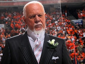 PHILADELPHIA - JUNE 09:  CBC sportscaster Don Cherry reports before Game Six of the 2010 NHL Stanley Cup Final between the Chicago Blackhawks and the Philadelphia Flyers at the Wachovia Center on June 9, 2010 in Philadelphia, Pennsylvania.  (Photo by Bruce Bennett/Getty Images)
