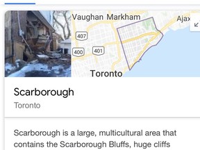 A description of Scarborough, Ont., on Google depicts an unflattering picture of a smashed house. That picture has since been deleted. (Twitter)