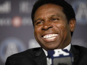 Mike (Pinball) Clemons speaks as he is announced as the new general manager of the Toronto Argonauts during a press conference at BMO Field in Toronto, Tuesday, Oct. 8, 2019.