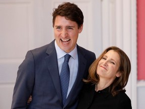 Chrystia Freeland poses with Canada's Prime Minister Justin Trudeau after being sworn-in as Deputy Prime Minister as Trudeau's new cabinet is named at Rideau Hall in Ottawa, Ontario, Canada, on Nov. 20, 2019. (REUTERS/Blair Gable)