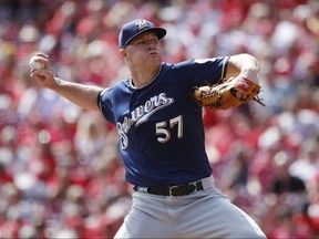 Chase Anderson of the Milwaukee Brewers pitches in the first inning against the Cincinnati Reds at Great American Ball Park on September 26, 2019 in Cincinnati, Ohio.  (Joe Robbins/Getty Images)