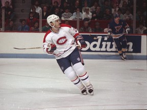 Canadiens forward Guy Carbonneau skating against the St. Louis Blues  at the Montreal Forum during the 1987-88 season.(Photo by Denis Brodeur/NHLI via Getty Images)