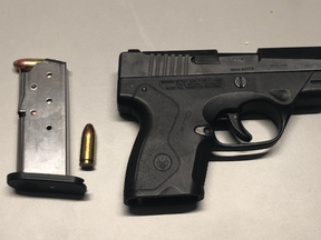 This handgun was allegedly seized during a RIDE spot check in the area of Dixie and North Service Rds. in Mississauga on Saturday, Nov. 23, 2019. (Peel Regional Police handout)