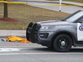 Toronto Police at a hit-and-run that saw a woman in her 70s struck and killed while crossing Islington Ave., north of Finch Ave. W., on Nov. 28, 2019. (Chris Doucette/Toronto Sun)