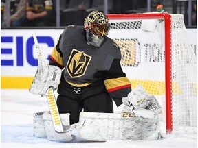 Vegas Golden Knights goaltender Malcolm Subban makes a save during the third period against the Winnipeg Jets at T-Mobile Arena.