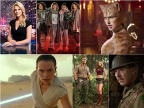Clockwise from top left: Charlize Theron in Bombshell, Black Christmas, Taylor Swift in Cats, Benedict Cumberbatch in 1917, Dwayne Johnson and Karen Gillan in Jumanji: The Next Level, and Daisy Ridley in Star Wars: The Rise of Skywalker.