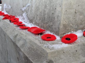 Poppies at the cenotaph outside the Fort McMurray Legion for Remembrance Day Ceremonies on Nov. 11, 2018.