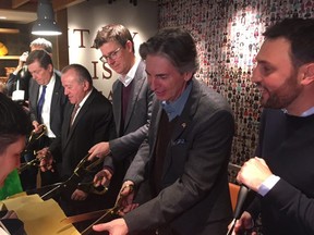 Toronto Mayor John Tory, left, was joined by Italy Consul General Eugenio Sgr, Galen Weston Jr. and Tony Grossi of Wittington Properties, and Eataly global CEO Nicola Farinetti at the opening to Eataly Toronto at the Manulife Centre on Wednesday, Nov. 13 2019.