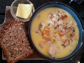 Seafood chowder with brown bread and Irelands famous butter (Rita DeMontis/Postmedia Network)