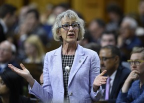 President of the Treasury Board and Minister of Digital Government Joyce Murray rises during Question Period in the House of Commons on Parliament Hill in Ottawa on Tuesday, June 4, 2019. (THE CANADIAN PRESS/Justin Tang)