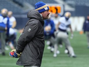 Blue Bombers general manager Kyle Walters takes in the team's practice in Winnipeg on Wednesday, Nov. 13, 2019.