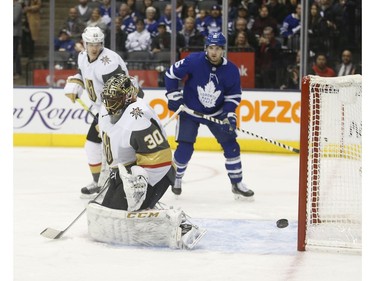 Vegas Golden Knights Malcolm Subban G (30) sees the puck whistle past the post during the first period in Toronto on Thursday November 7, 2019. Jack Boland/Toronto Sun/Postmedia Network