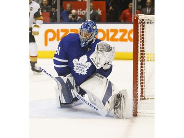 Toronto Maple Leafs Frederik Andersen G (31) makes a huge point blank save during the OT as the Las Vegas Knights were on the power play in Toronto on Thursday November 7, 2019. Jack Boland/Toronto Sun/Postmedia Network
