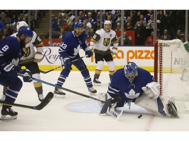 Toronto Maple Leafs Frederik Andersen G (31) makes a huge point blank save during the OT as the Las Vegas Knights were on the power play in Toronto on Thursday November 7, 2019. Jack Boland/Toronto Sun/Postmedia Network