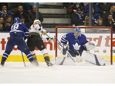 Toronto Maple Leafs Frederik Andersen G (31) makes a save on Vegas Golden Knights Cody Eakin C (21) during the third period in Toronto on Thursday November 7, 2019. Jack Boland/Toronto Sun/Postmedia Network