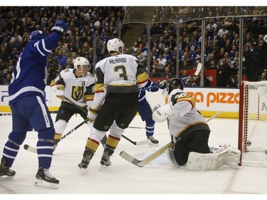 Vegas Golden Knights Malcolm Subban G (30) looks back after Toronto Maple Leafs Auston Matthews C (34) scores during the third period in Toronto on Thursday November 7, 2019. Jack Boland/Toronto Sun/Postmedia Network