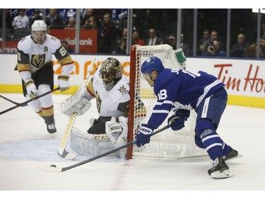 Toronto Maple Leafs Andreas Johnsson LW (18) tries the wrap around on Vegas Golden Knights Malcolm Subban G (30) during the first period in Toronto on Thursday November 7, 2019. Jack Boland/Toronto Sun/Postmedia Network