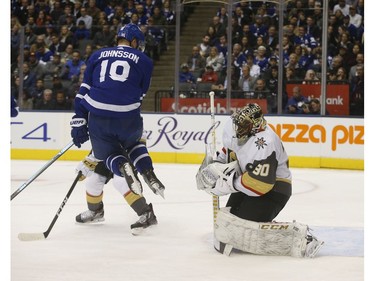 Vegas Golden Knights Malcolm Subban G (30) makes there save as Toronto Maple Leafs Andreas Johnsson LW (18) plays the screen during the first period in Toronto on Thursday November 7, 2019. Jack Boland/Toronto Sun/Postmedia Network