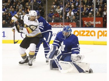 Vegas Golden Knights William Carrier LW (28) tips a shot at Toronto Maple Leafs Frederik Andersen G (31)  during the second period in Toronto on Thursday November 7, 2019. Jack Boland/Toronto Sun/Postmedia Network