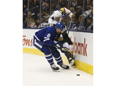 Vegas Golden Knights Jonathan Marchessault C (81) is cut off the puck by Toronto Maple Leafs Jake Muzzin (8) during the second period in Toronto on Thursday November 7, 2019. Jack Boland/Toronto Sun/Postmedia Network