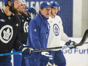 Toronto Maple Leafs head coach Mike Babcock during practice at the Ford Performance Centre in Toronto, Ont. on Thursday October 24, 2019.