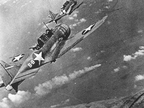 American dive-bombers zero in their Japanese quarry during the Battle of Midway in 1942.