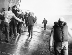 US sailors fighting to save the listing Yorktown. US NAVY