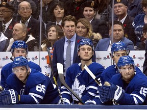 Toronto Maple Leafs head coach Mike Babcock watches the play during the second period against the Philadelphia Flyers at Scotiabank Arena. (Nick Turchiaro-USA TODAY Sports)