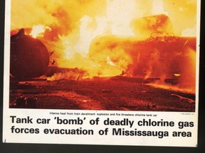 Tank car "bomb" was lead story in The Sun the day after the disaster. Mississauga train derailment. Tank car "bomb" of deadly chlorine gas forces evacuation of Mississauga area.