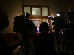 Ontario Premier Doug Ford speaks to the media outside of his office in the Ontario Legislature in Toronto on Thursday November 21, 2019.