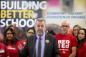 Sam Hammond, President of the Elementary Teachers’ Federation of Ontario, speaks to media on Friday, Nov. 1, 2019.