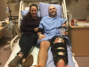 Skier Manuel Osborne-Paradis in the hospital with wife Lana. (Supplied Photo)