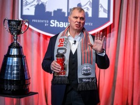 CFL Commissioner Randy Ambrosie addresses the media at the State of the League news conference during the 107th Grey Cup in Calgary on Friday, Nov. 22, 2019.