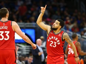 Nov 29, 2019; Orlando, FL, USA; Toronto Raptors guard Fred VanVleet (23) celebrates after making a three point basket against the Orlando Magic during the second half at Amway Center. Mandatory Credit: Kim Klement-USA TODAY Sports ORG XMIT: USATSI-406986