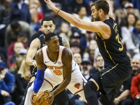 Raptors’ Marc Gasol battles the Knicks’ RJ Barrett at the Scotiabank Arena on Wednesday.  Ernest Doroszuk/Toronto Sun