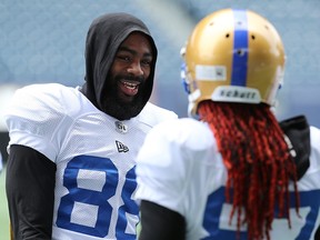 Receiver Rasheed Bailey (left) jokes with Lucky Whitehead during Winnipeg Blue Bombers training camp at IG Field on May 26, 2019. (Kevin King/Winnipeg Sun)