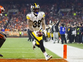 Steelers running back Jaylen Samuels scores a touchdown against the Browns on Thursday. With James Conner out, Samuels will be the lead RB for the Steelers going forward. USA TODAY