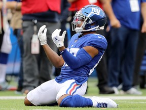 Sterling Shepard of the New York Giants reacts after missing a catch against the Minnesota Vikings during the first quarter in the game at MetLife Stadium on Oct. 6, 2019 in East Rutherford, N.J.