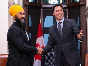 NDP Leader Jagmeet Singh meets with Prime Minister Justin Trudeau on Parliament Hill in Ottawa on Thursday, Nov. 14, 2019.