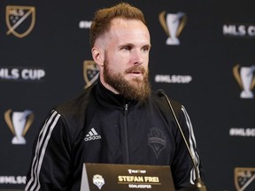 Seattle Sounders FC goalkeeper Stefan Frei answers questions during an MLS Cup press conference at the Grand Hyatt hotel.