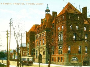 This penny souvenir post card features a view of the first hospital built in Toronto specifically to provide medical help for ailing youngsters, regardless of their race, religion or money to pay for any required treatment. Known as the Victorian Hospital for Sick Children it was located at the southeast corner of College and Elizabeth Sts. and was the fifth in a series of children's hospitals, each of which had provided medical help in a succession of small houses.