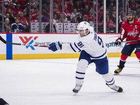 Maple Leafs captain John Tavares suffered a broken right index finger against Washington on Oct. 16. He should be back on Tuesday night to face the Los Angeles Kings. (Scott Taetsch/Getty Images)