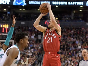 Toronto Raptors guard Matt Thomas (21) shoots for a basket against Charlotte Hornets in the second half at Scotiabank Arena Nov. 18, 2019. (USA TODAY)