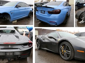 An allegedly stolen BMW, with its engine and front end removed, and Ferrari seized from Kabi Auto on Manville Rd. in Scarborough are among 31 vehicles recovered during Project Bondar. (Durham Regional Police handout)