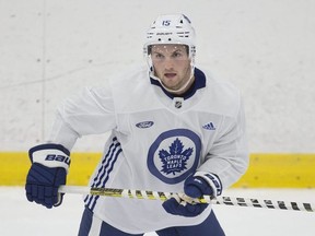 Alexander Kerfoot in action at Maple Leafs practice on September 5, 2019. Stan Behal/Toronto Sun