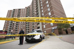 Toronto Police at 75 Eastdale Aven. after a man was found with gunshot wounds in a second floor stairwell on Tuesday, November 5, 2019. Stan Behal/Toronto Sun