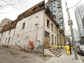 Toronto Fire, Police and the Ontario Fire Marshal's office were back at the derelict building on Shuter St. just west of Jarvis St. on Sunday November 3, 2019. Two firefighters fell off the roof Saturday morning fighting a four-alarm fire.